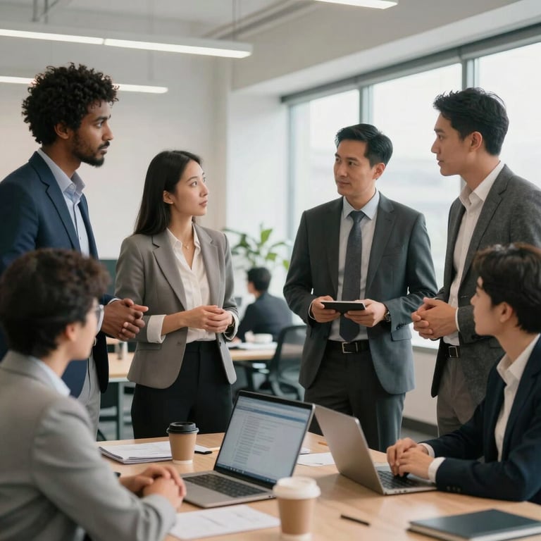A diverse group of professionals in North American business attire collaborating in a bright, open-plan office space.