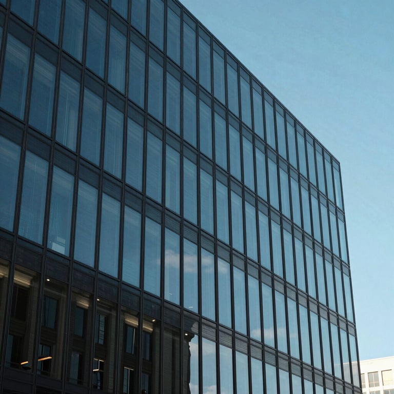 The clean, glass facade of a contemporary corporate building reflecting a clear blue sky in the United States.