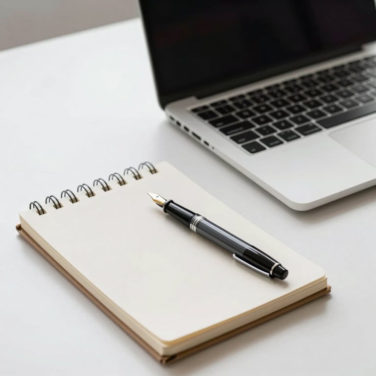 A minimalist desk setup with a laptop, fountain pen, and a single notebook in a bright, professional environment.