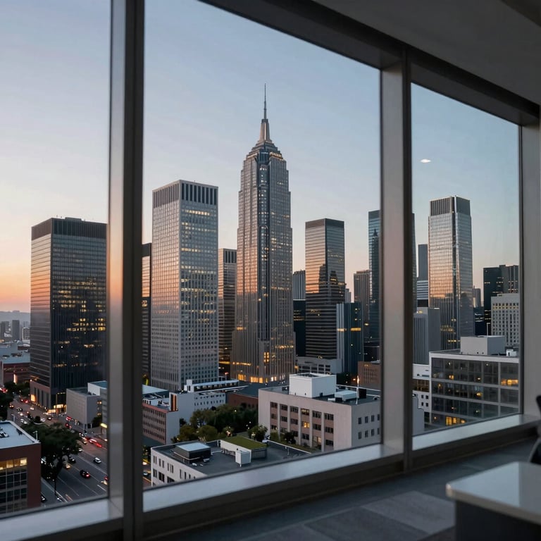 An wide-angle evening view of a city financial district skyline from a high-floor executive office window.