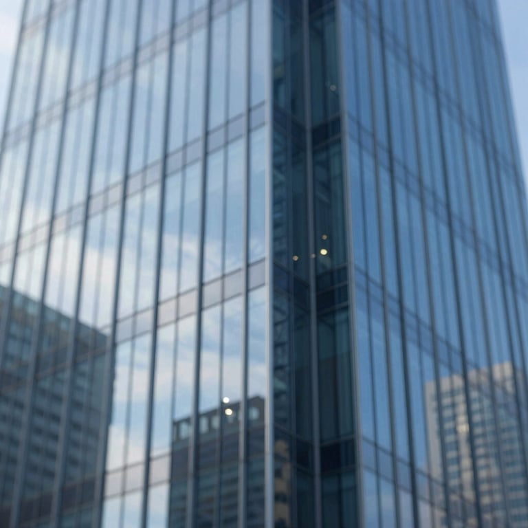 A close-up of a glass building reflecting a blue sky, symbolizing modern growth and corporate excellence.