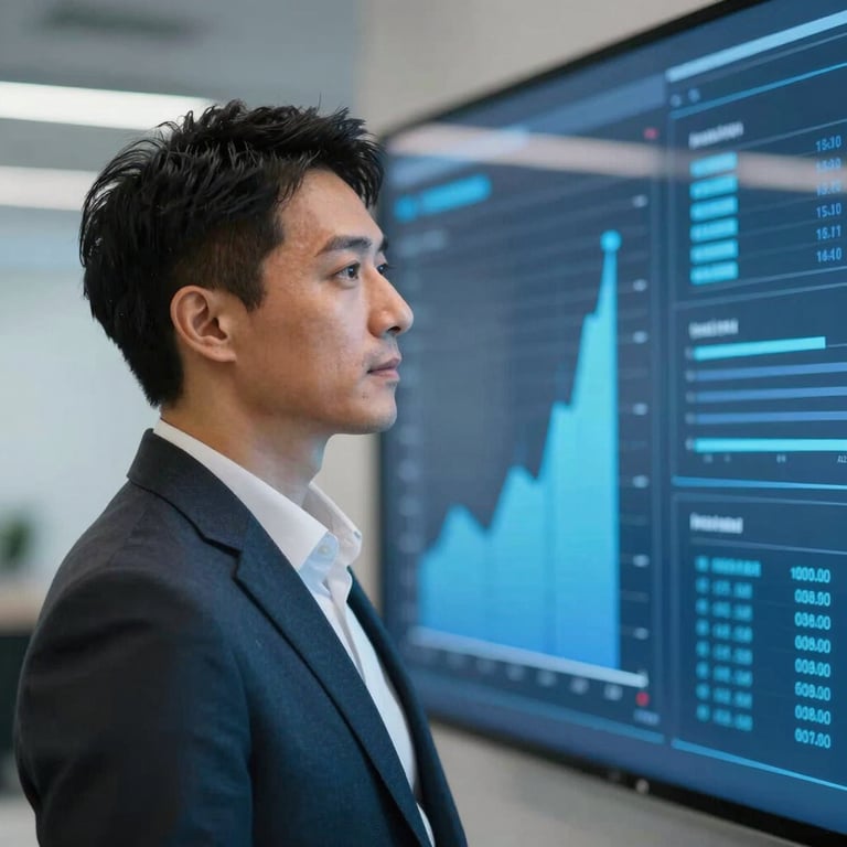 A sharp, professional portrait of a business person looking at a digital data wall with blue graphs.