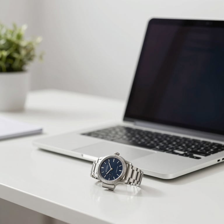 A clean, minimalist white office desk with a silver laptop and a luxury watch, representing premium success.