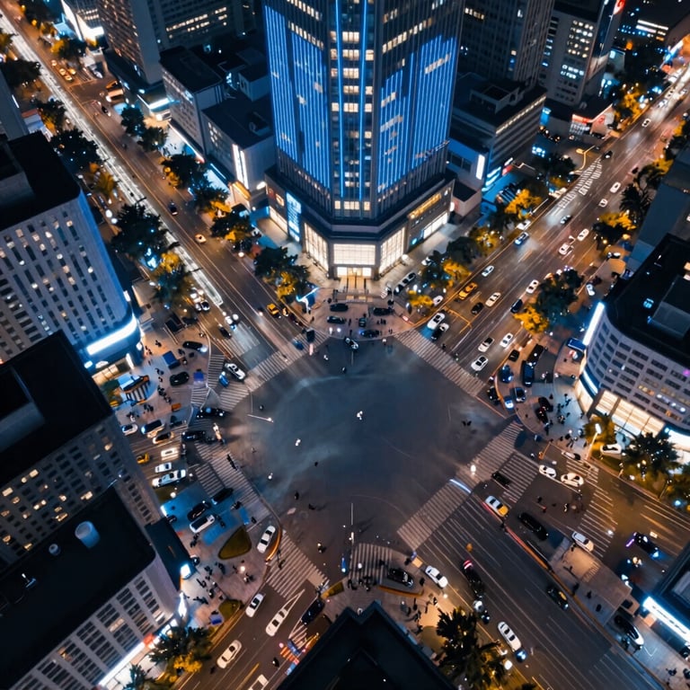 An overhead shot of a modern city intersection at night, with blue and white lights signifying connectivity and fast-paced commerce.