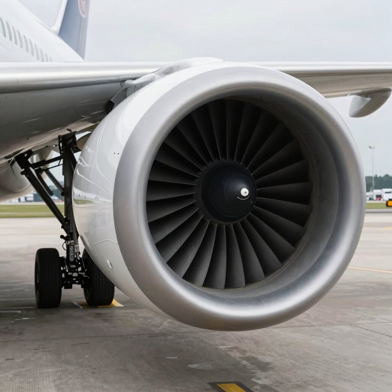 A close-up of a jet engine on a modern aircraft at an international airport, sleek and powerful.