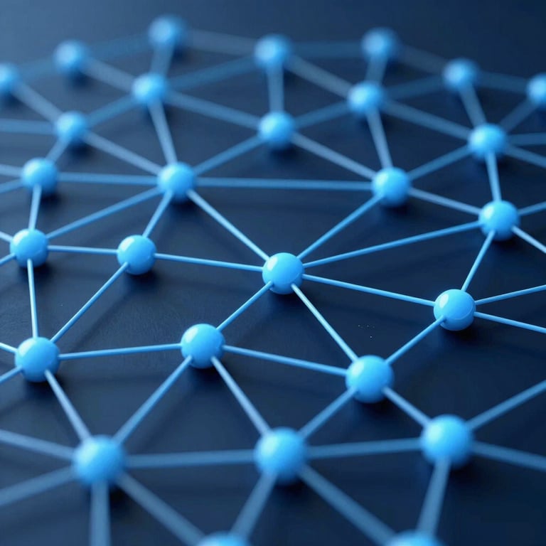 Abstract visualization of AI data nodes connecting in a pattern of light blue and navy blue. Professional tech style.