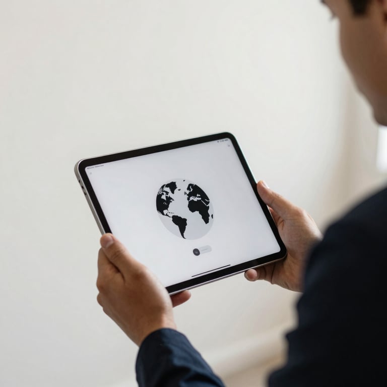 A business professional using a minimalist tablet interface in a bright office with off-white walls. Global / International.