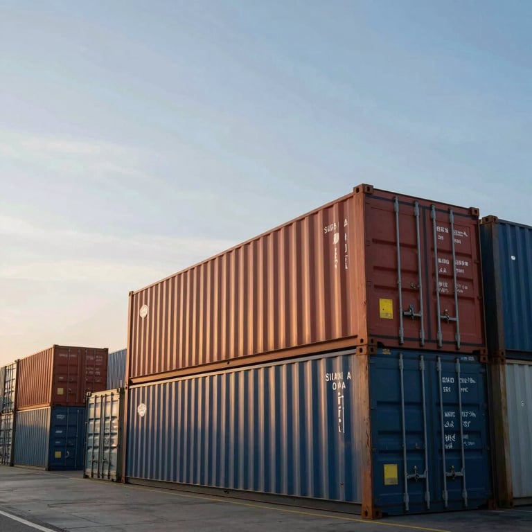 A modern shipping container terminal at dawn, highlighting global logistics and scale. Global / International setting.