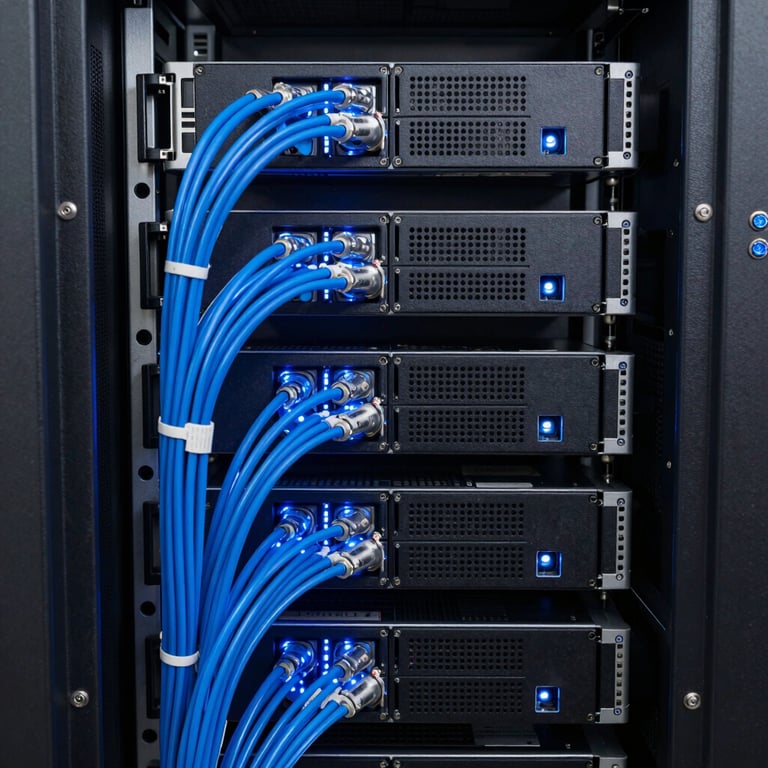A sleek server rack interior with glowing blue fiber optic cables, representing high-speed hosting. Global / International setting.