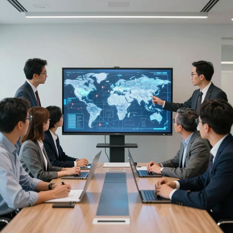 A corporate team collaborating around a holographic display in a clean, professional boardroom. Global / International.