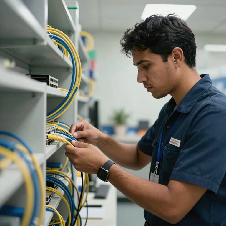 A technician in professional attire installing network cables in a clean office environment in South America.