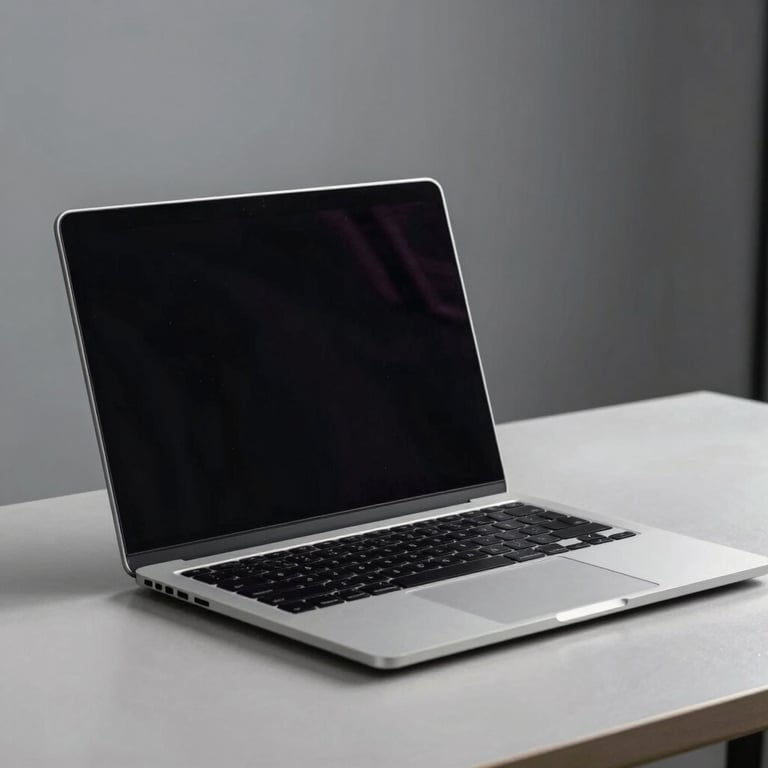 A sleek professional laptop open on a modern desk with a neutral gray background.