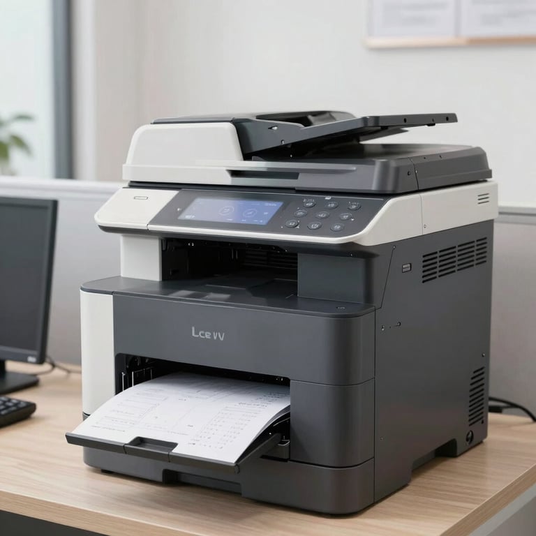 A high-end office multifunctional printer and scanner in a bright corporate setting.