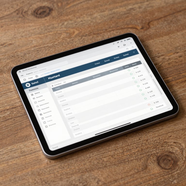 A tablet showing a modern accounting software interface on a wooden table.