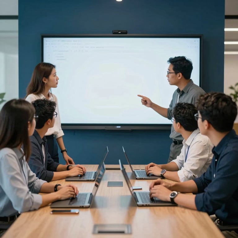 A team of South American IT professionals collaborating around a screen in a modern meeting room with blue accents.