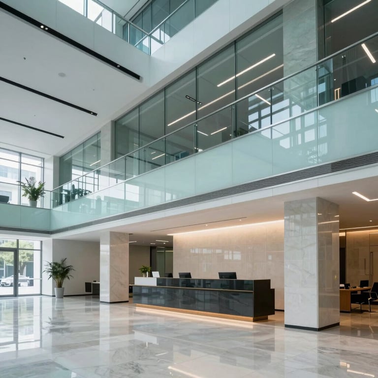 Modern office building lobby with high ceilings, polished stone floors, and a professional reception area in soft teal and white tones.