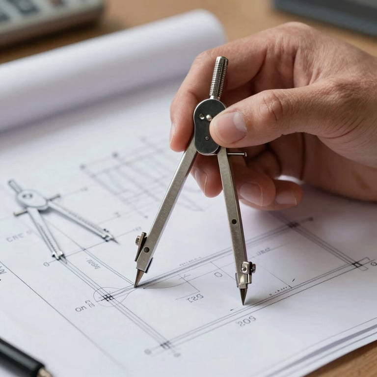 Close-up of a designer's hand drawing on a technical blueprint with a silver compass, focused on precision and technical expertise.