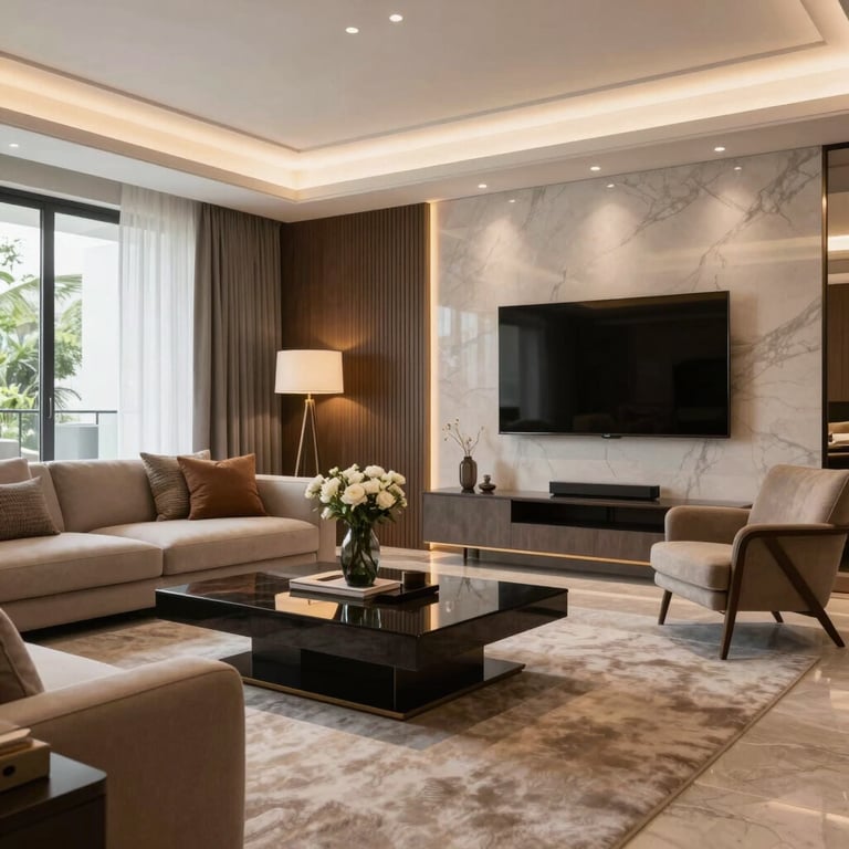 A sophisticated Brazilian living room interior with contemporary furniture and elegant lighting, showing high-end residential design.