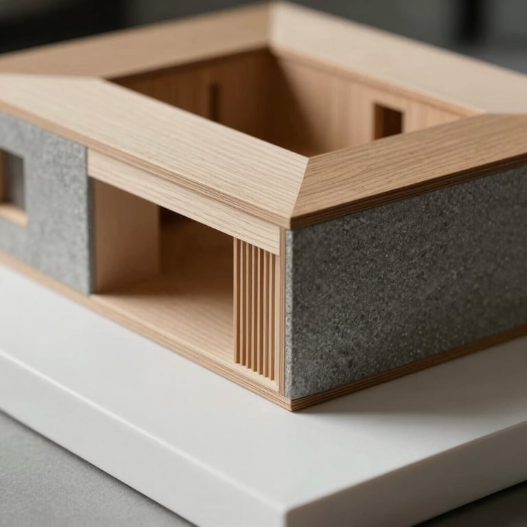 Detailed macro photograph of a professional architectural model on a white surface, showing textures of wood and grey stone.