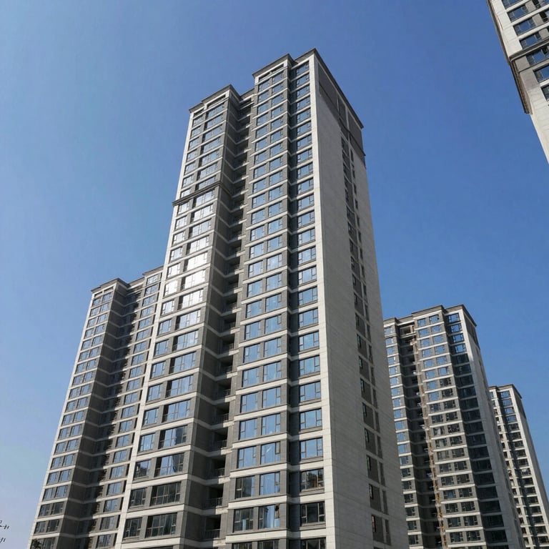 Low-angle shot of a new urban residential development under construction against a clear blue sky, demonstrating professional scale.