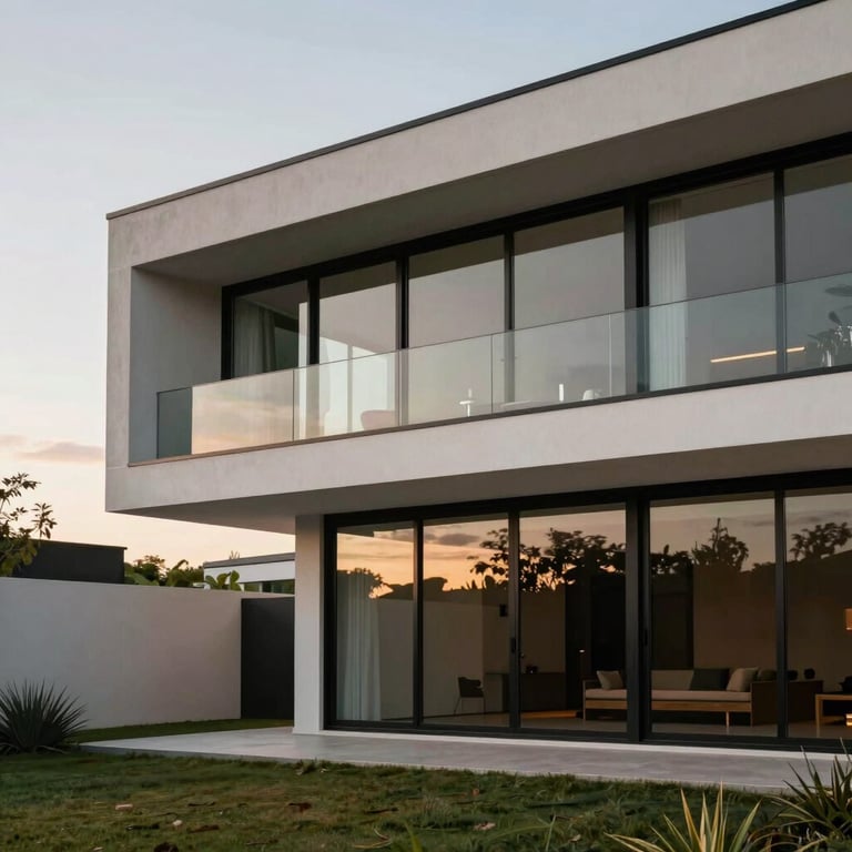 Exterior of a modern minimalist house with clean lines and large windows, South American architectural style, soft sunset lighting.
