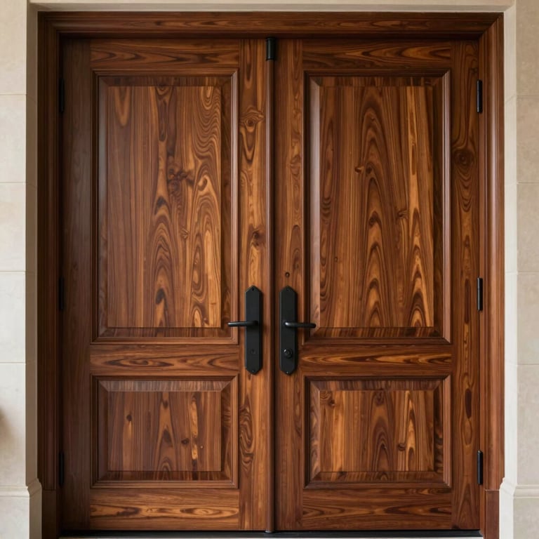 Grand solid walnut double doors for a luxury estate entryway, showcasing rich wood grain.