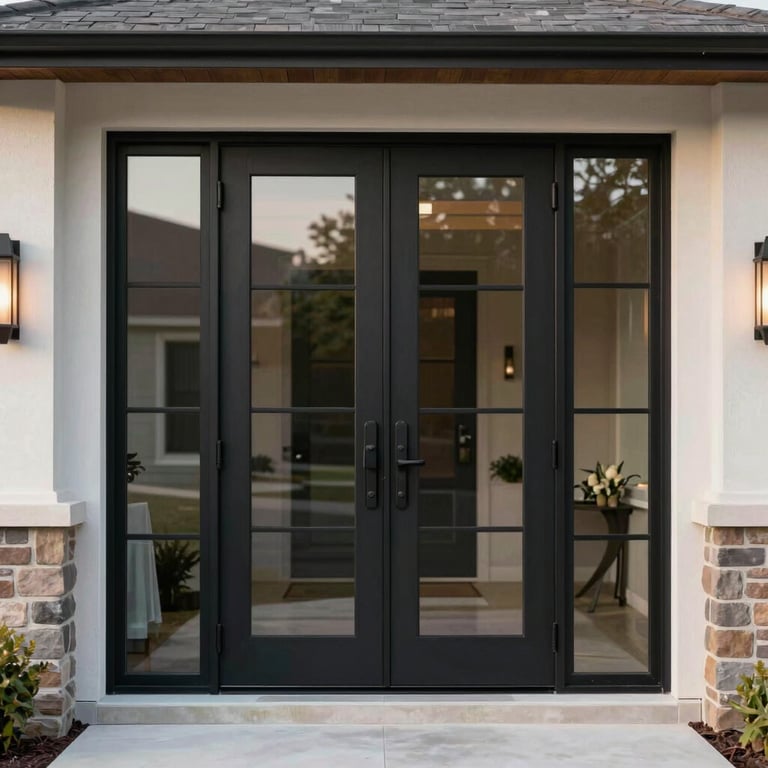 A sleek black steel-framed glass front door of a contemporary suburban home in North America.