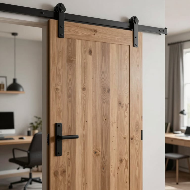 Industrial-style sliding barn door with matte black hardware in a modern home office.
