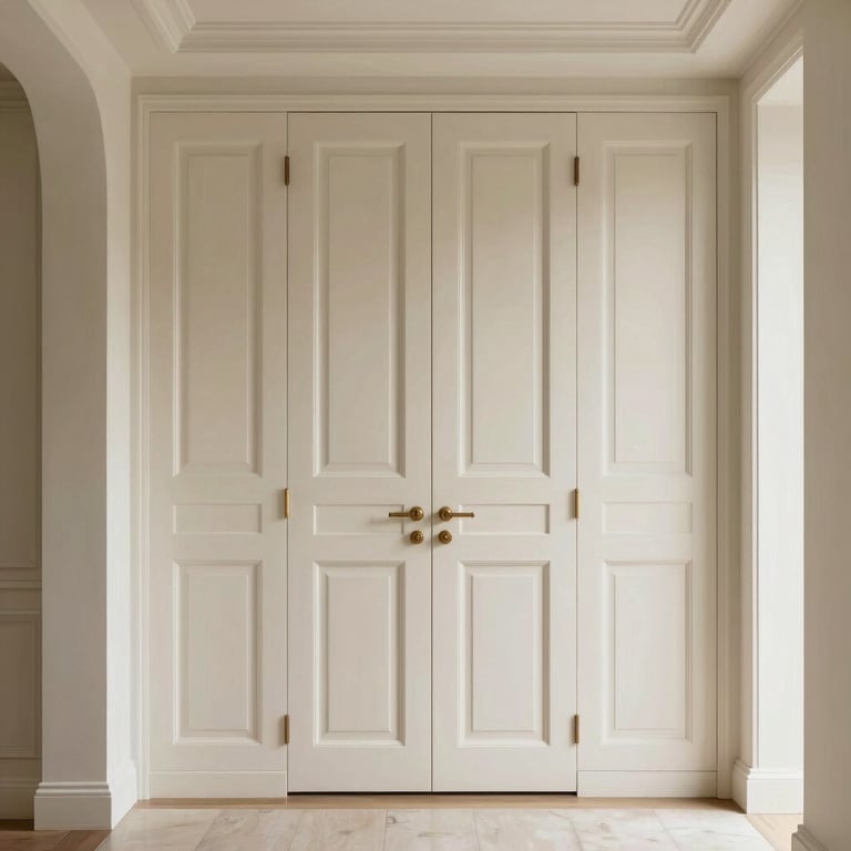Interior view of elegant off-white shaker-style doors in a bright, modern hallway.