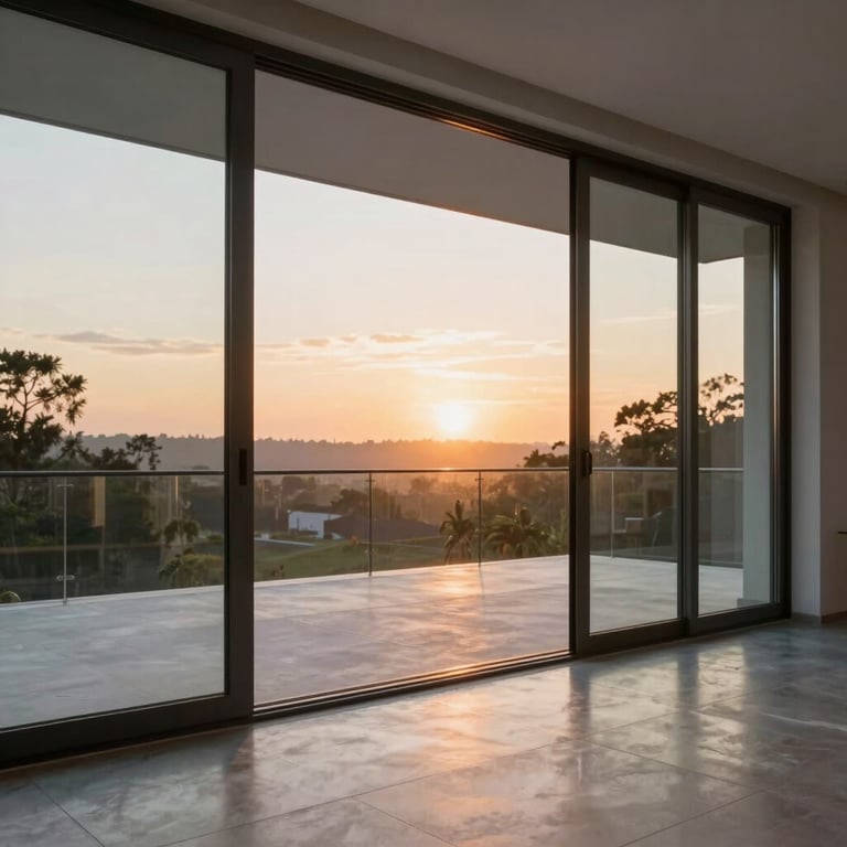 Floor-to-ceiling glass sliding doors opening to a clean, modern patio at sunset.