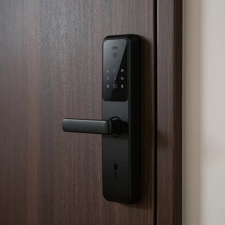 A sophisticated smart-lock integrated into a minimalist dark wood door panel.