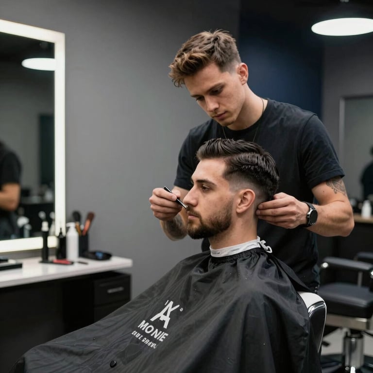 A professional barber working in a stylish shop with cool grey and dark navy interior details.