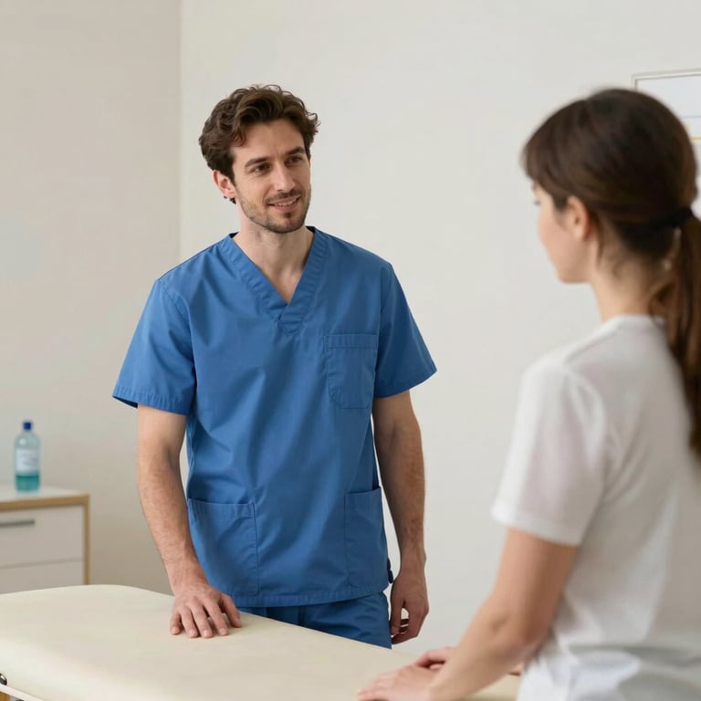 A physiotherapist in a bright, supportive clinical environment with off-white walls.