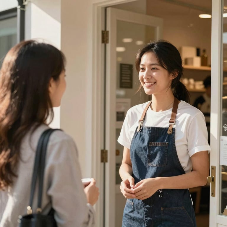 A friendly local business owner greeting a customer at the door of a sunlit boutique.