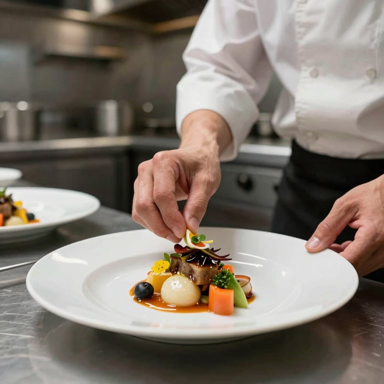 A chef in a modern restaurant kitchen plating a colorful dish with precision and efficiency.