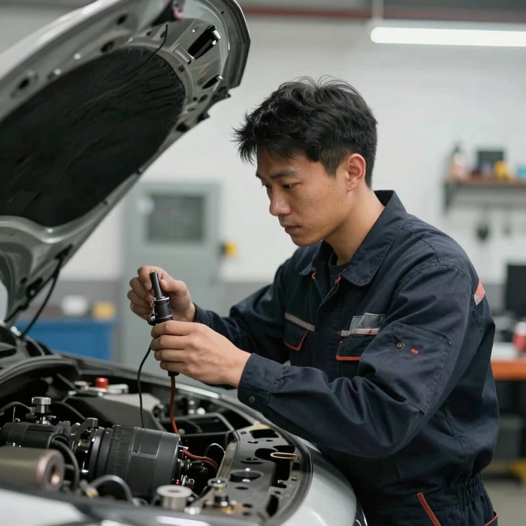 A mechanic in a clean, organized workshop wearing dark navy workwear, inspecting a vehicle.