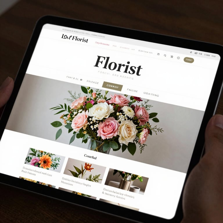 A close-up of a tablet displaying a clean, professional website for a local florist.