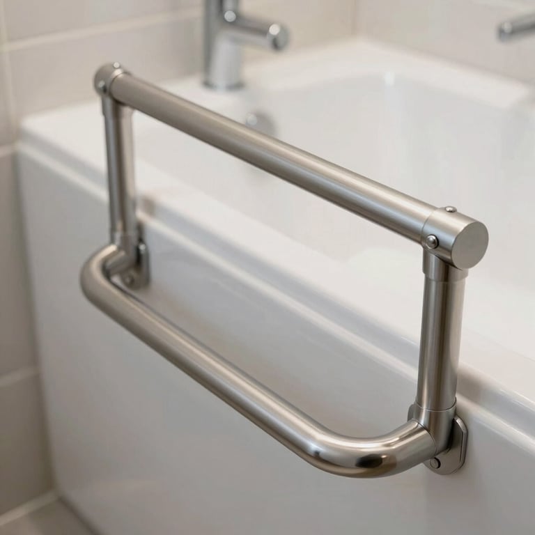 A contemporary bathroom featuring professional grab bars and a walk-in tub modification.