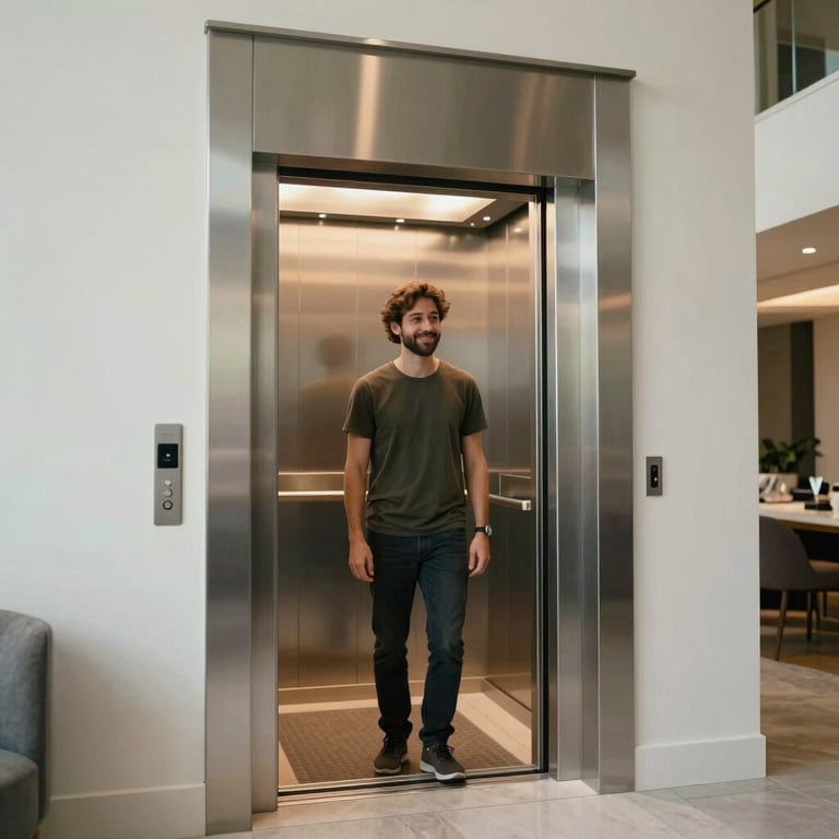 A smiling person using a newly installed home elevator in a bright, multi-level North American house.