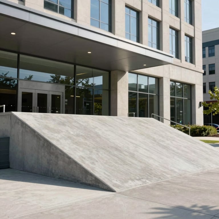 A smooth concrete ramp integrated into a modern North American office building entrance under bright daylight.