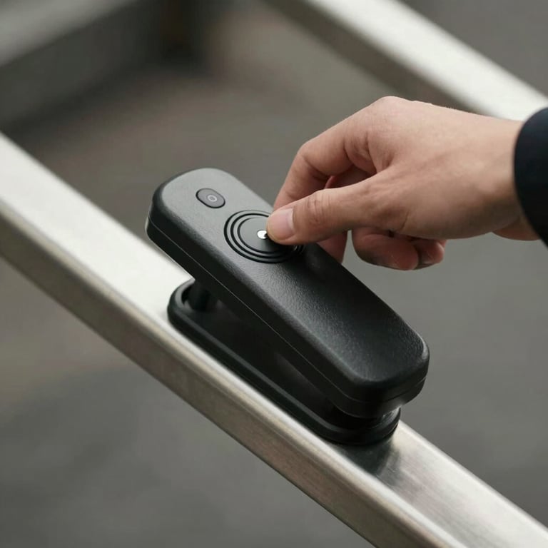 A close-up of a hand using a sleek, modern stairlift controller on a polished metal rail.