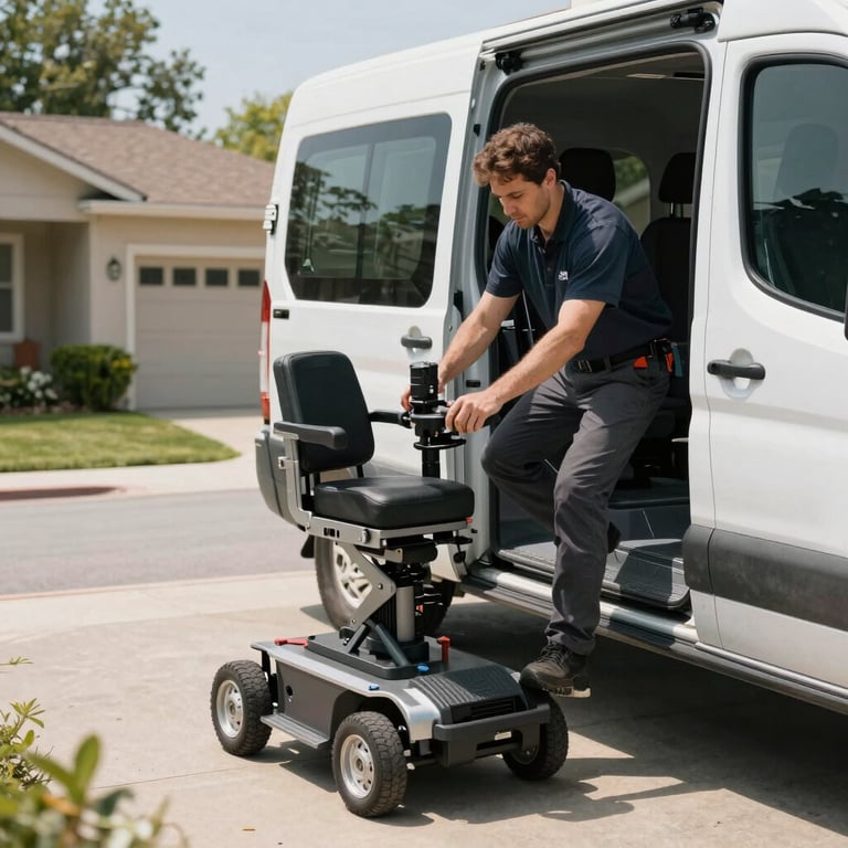 A technician installing a mobility vehicle lift for a van in a sunny North American driveway.