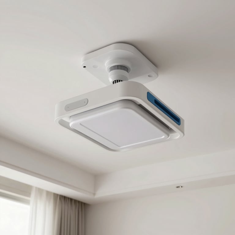 A ceiling-mounted patient lift system in a bright, clean residential bedroom with soft white bedding.