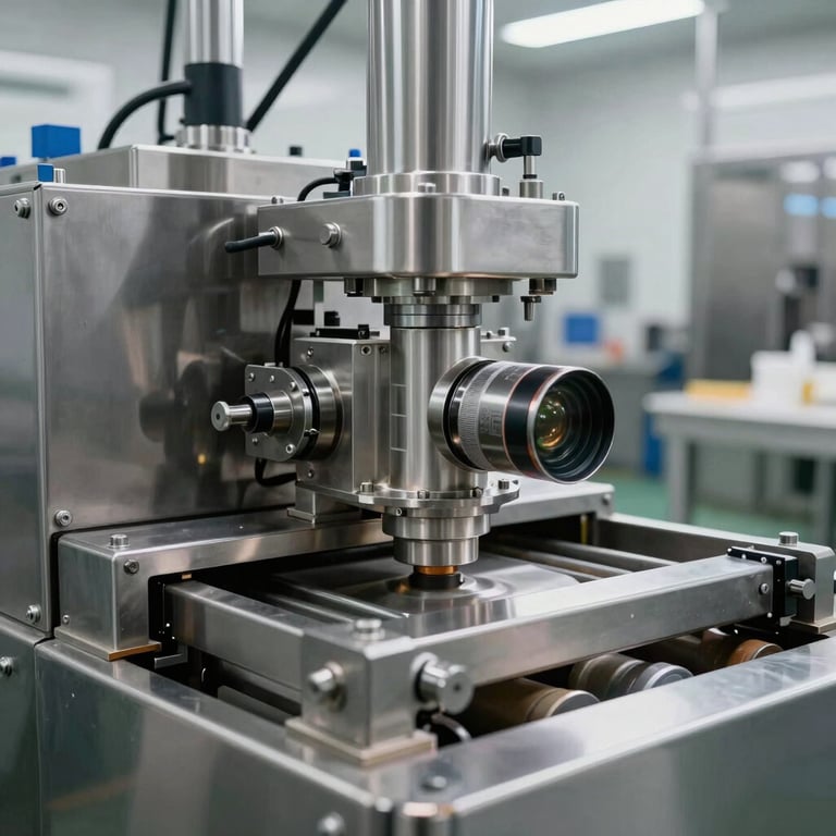 High-speed food processing machinery made of stainless steel, operating in a sterile, brightly lit industrial environment in North America.