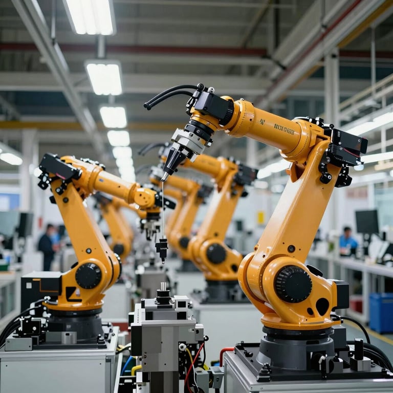 A wide shot of an automotive assembly line featuring multiple synchronized robotic arms under bright, professional factory lights with a focus on precision.