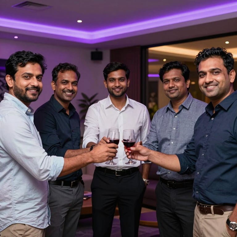 A group of diverse South Asian / Indian professionals celebrating a project launch in a lounge with deep purple ambient lights.