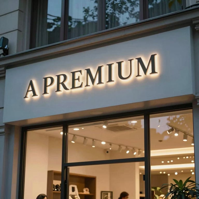 A premium South Asian / Indian boutique storefront captured at twilight with elegant glassmorphism effects on the signage.