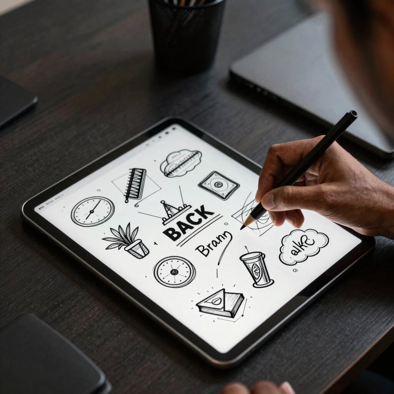 An overhead shot of a creative South Asian / Indian professional sketching brand concepts on a tablet in a dark, luxury office.