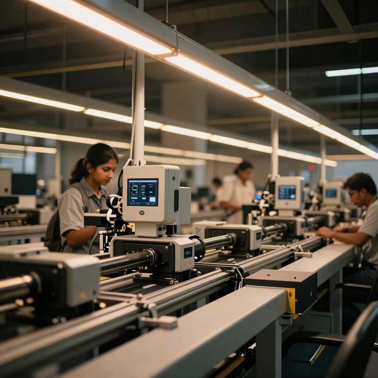 A high-speed automated logistics center in Delhi showcasing modern ecommerce efficiency with warm neon lighting.