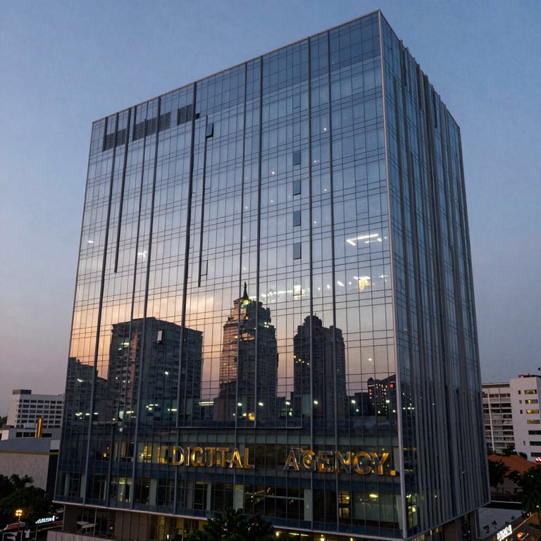 A stunning evening view of the Bangalore skyline reflecting off the glass facade of a modern digital agency building.